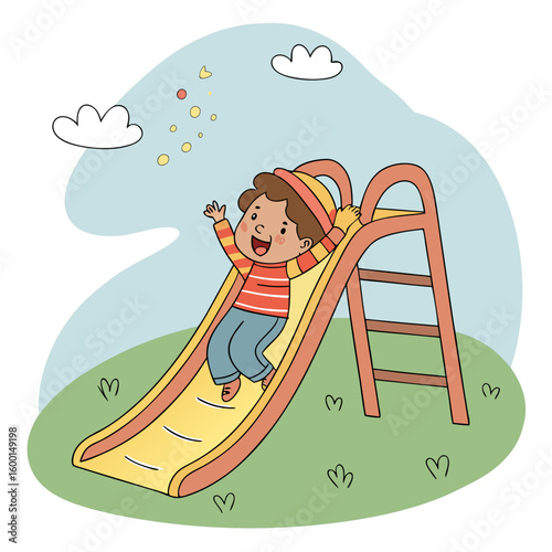 A cartoon illustration of a girl sliding down a yellow and red slide with a smiling sun and clouds above it
