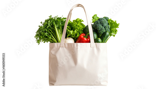 Reusable shopping bag with vegetables, no plastic items, eco-friendly living concept, isolated on transparent background
