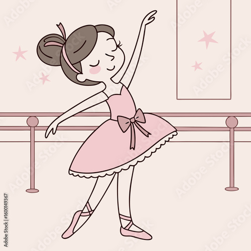 A cartoon ballerina in a pink tutu practices at the barre with stars and a rectangular frame on the wall