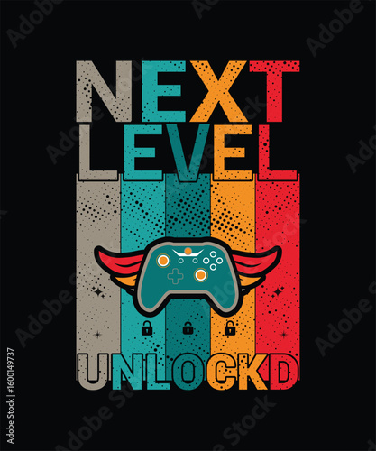 Retro gaming controller with wings and text next level unlocked  t-shirt design