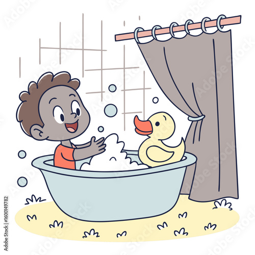 A happy child is taking a bath with a rubber duck and bubbles in a tub near a shower curtain and tiles
