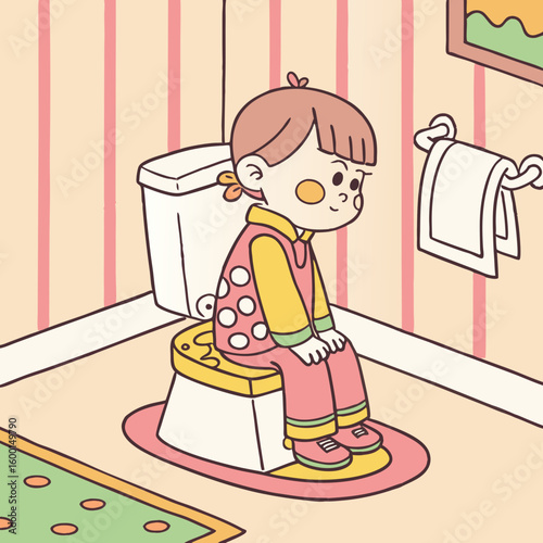 A cartoon illustration of a child sitting on a toilet in a bathroom with a towel and striped wallpaper