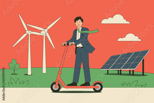 Businessman riding electric scooter past wind turbines and solar panels in a green environment