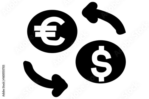 It features two circular coins: one with the euro symbol (€) and the other with the dollar symbol ($)
