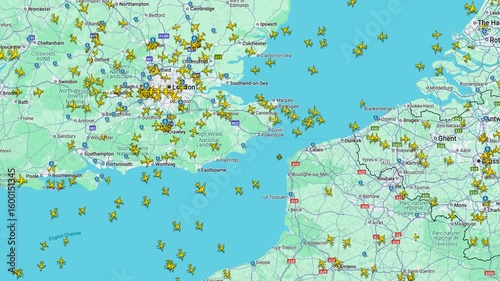 Real-Time Flight Traffic Over English Channel and Western Europe, Live map view of dense air traffic over southern UK, the English Channel, and northern France