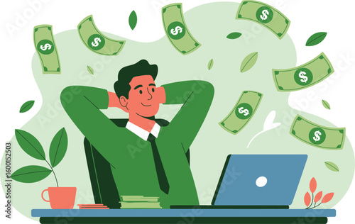 Man relaxing at desk with laptop as money falls around him symbolizing financial success
