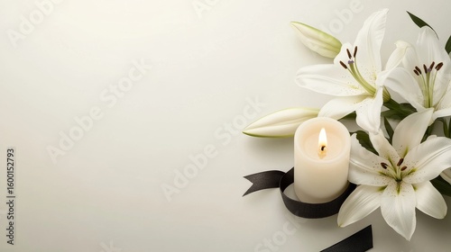 Simple funeral background with candle and white lilies on gray, minimal condolence design