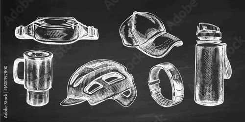 Hand drawn vintage sketch of camping, travel and sport accessories in white chalk on chalkboard background, vector illustration