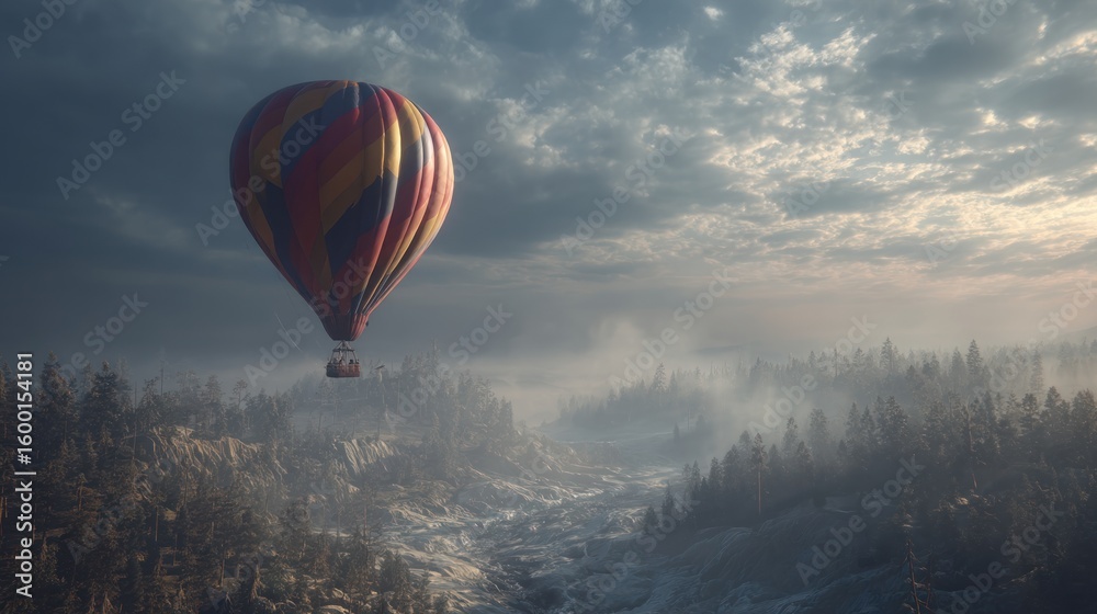 Obraz premium Hot air balloon over misty mountain landscape