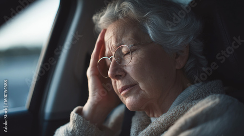 An elderly woman with her eyes closed and her hand on her head sits in a car looking tired or unwell, expressing fatigue or discomfort while driving a car.
