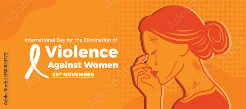 International Day for the Elimination of Violence Against Women - A woman cries and holds her face with her hands which are covered with marks from the assault on orange background vector design