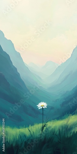 White flower is in the foreground of a mountain landscape. The mountain range is lush and green, and the sky is a light blue color. Concept of peace and tranquility