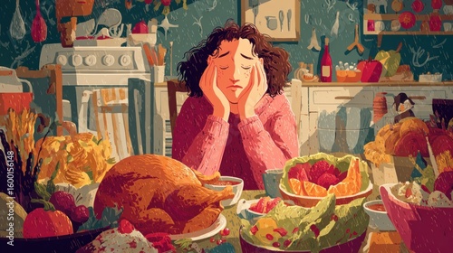 Sad woman at a Thanksgiving feast