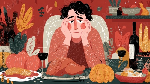 Sad person surrounded by food