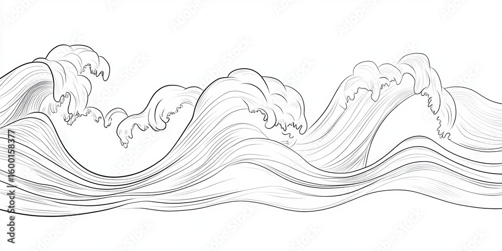 Fototapeta premium This captivating line art showcases fluid ocean waves in a minimalist black and white design. Perfect for backgrounds, this artwork radiates tranquility and harmony.