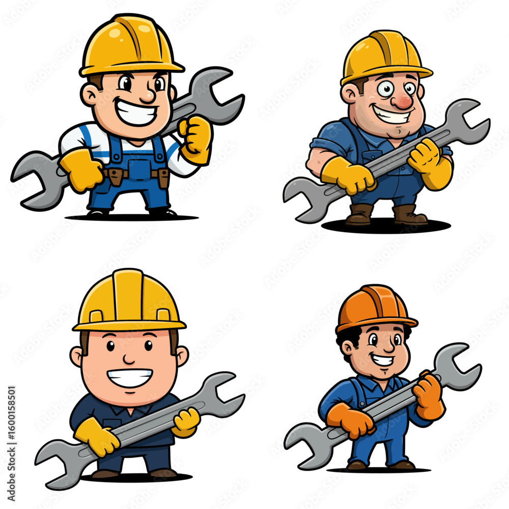 Fototapeta premium Funny cartoon construction workers and mechanics with helmets and tools, a vector illustration of industrial characters