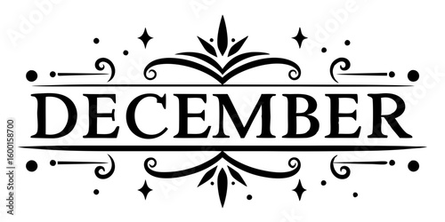 December decorative text with flourishes and stars lettering typography