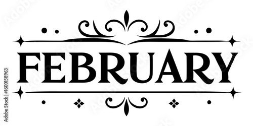 Elegant February text with decorative elements lettering ornamental