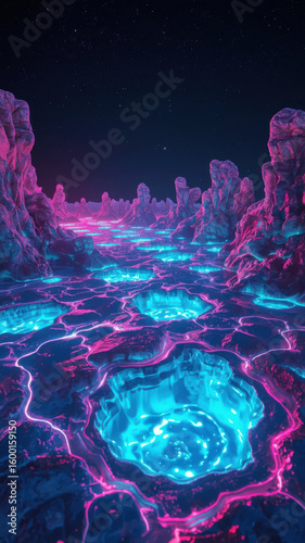 Glowing blue pools and pink rock formations light up alien planet under starry sky