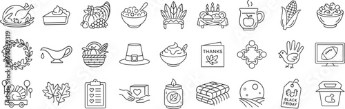 Thanksgiving celebration icon set featuring roast turkey, pumpkin pie, cornucopia, cranberry sauce, mashed potatoes, stuffing, pilgrim hat, family dinner and gratitude vector illustration.