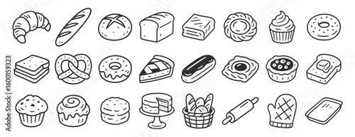 Bakery doodle icon set. Cute hand drawn sketch illustrations of bread, donut, muffin, cinnamon, toast, baguette, croissant, cupcake and tart. Black and white cartoon art for baking and pastry.