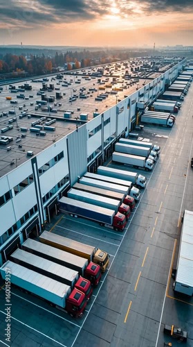 Aerial view of a busy transport hub with trucks parked alongside a loading dock during sunset.