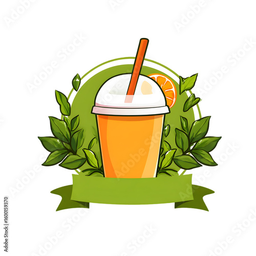 Orange juice beverage with green leaves isolated on a transparent background