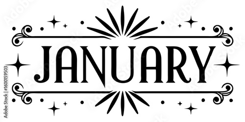 Ornate January text with stars and sunburst lettering typography