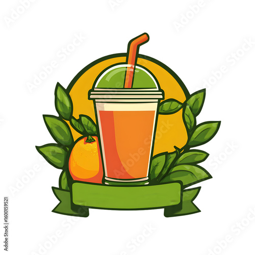 Orange juice drink with leaves and ribbon isolated on a transparent background