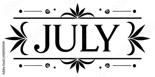 Ornate July text with decorative elements lettering