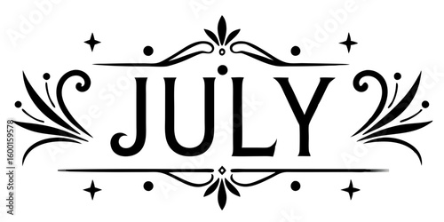 Ornate July text with decorative elements lettering