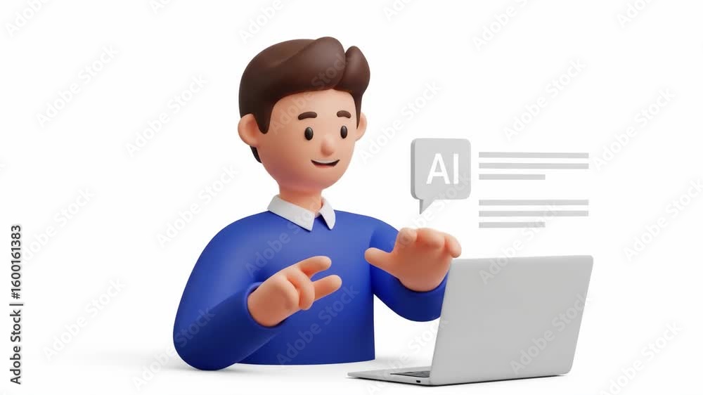 3D Animated Man Interacting with AI on Laptop, White Background 3D Animated Man Interacting with AI on Laptop, White Background