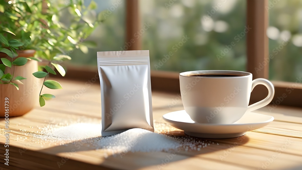 Fototapeta premium A white sugar packet mockup placed beside a coffee cup and a plant on a wooden table