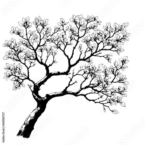 Tree branches, silhouette black and white sketch. Vector illustration. Tree crown, isolated on white background