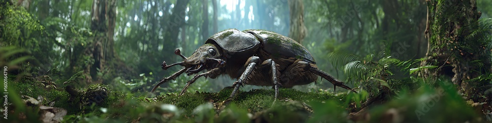 Fototapeta premium Massive prehistoric beetles crawling beneath crystal-clear canopy