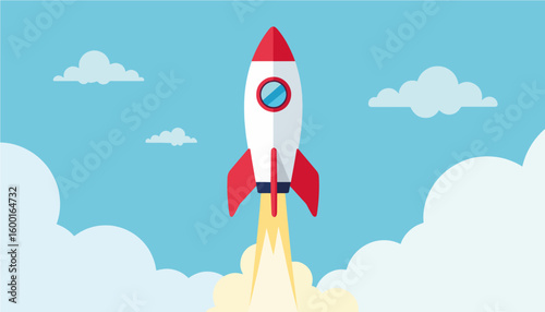 Cartoon rocket launching into sky with clouds in blue background  