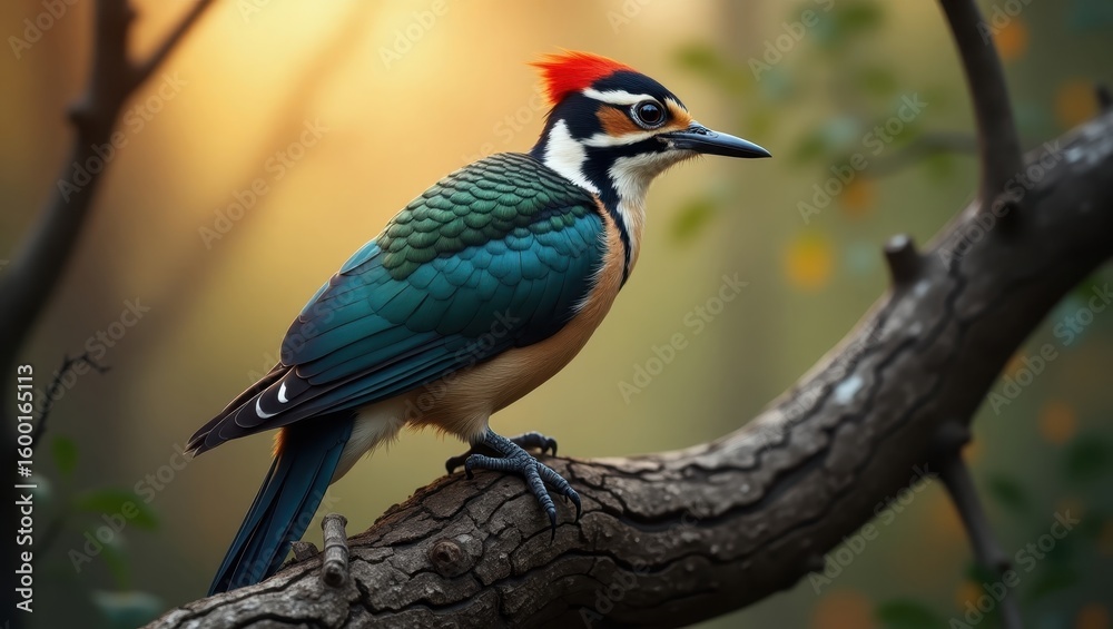 Fototapeta premium Colorful woodpecker perched on a branch.