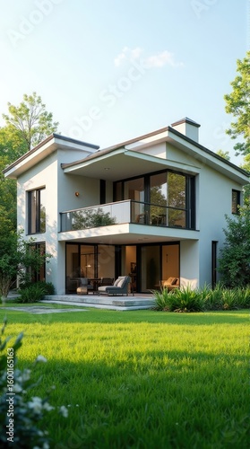 Modern house with a covered patio area.