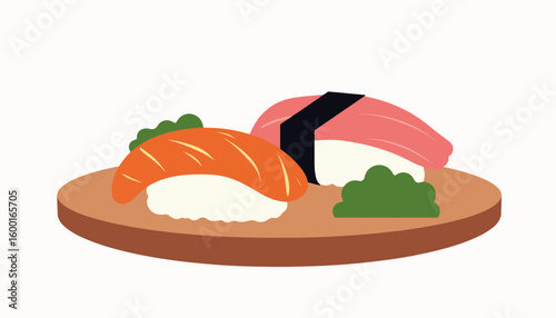 Sushi platter with salmon and tuna on wooden plate  