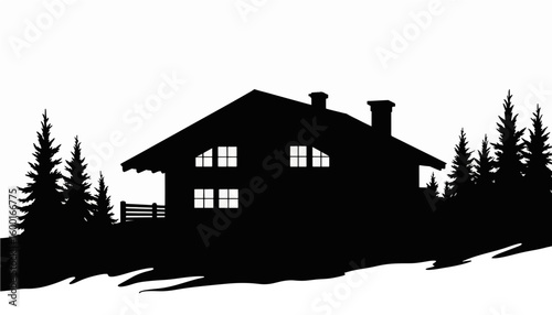 Cozy cabin silhouette surrounded by pine trees in winter landscape  