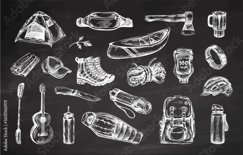 Hand drawn vintage sketch of camping and hiking gear set in white chalk style on chalkboard background