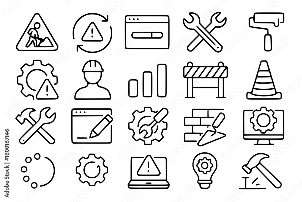 Fototapeta premium Under Construction and Maintenance Line Icons Set - Work in Progress, Tools, Warning Signs, Settings, Repair Equipment Vector Collection for Website and Development Design Projects