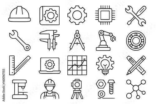 Engineering and Manufacturing Line Icons Set - Industrial Tools, Gears, Construction Equipment, Technical Drawing, CAD Design, Mechanical Parts, Factory Symbols Vector Collection
