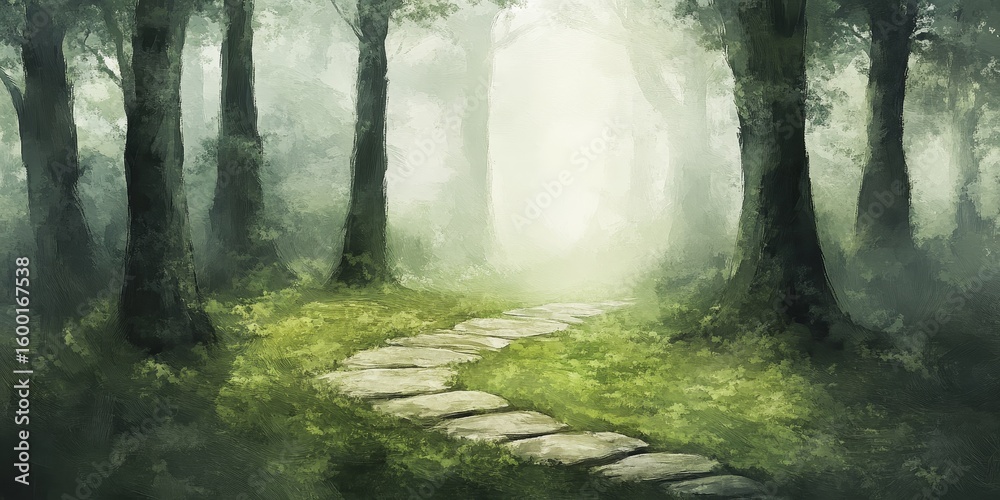 Fototapeta premium Painting of a forest path with a stone walkway. The painting is in a blurry, hazy style, giving it a dreamy, ethereal feel. The path is lined with trees, and the sky is overcast