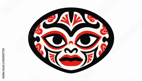 Traditional tribal mask illustration in black, red, and white colors  