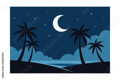 Tropical Night With Crescent Moon Stars Palm Trees