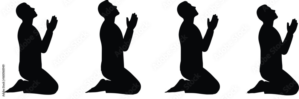 Multiple silhouettes of devout individuals kneeling in prayer, seeking spiritual connection, expressing faith, hope, and devotion in a moment of humble contemplation and worship. Multiple silhouettes of devout individuals kneeling in prayer, seeking spiritual connection, expressing faith, hope, and devotion in a moment of humble contemplation and worship.