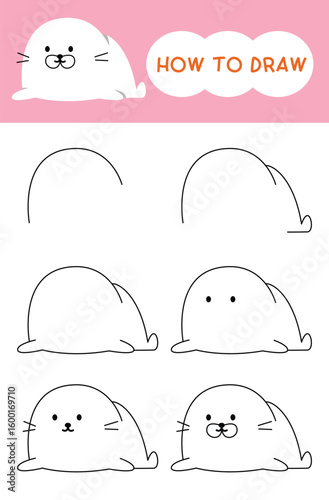 How to draw fluffy fat seal cartoon step by step for learning, drawing, kindergarten, coloring book and education
