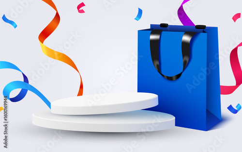 Flash Sale or mega sale banner. Colorful discount sale podium with shopping bag banner. Vector illustration