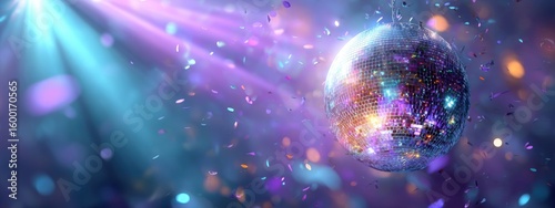 Glowing disco ball in colorful spotlight haze visual